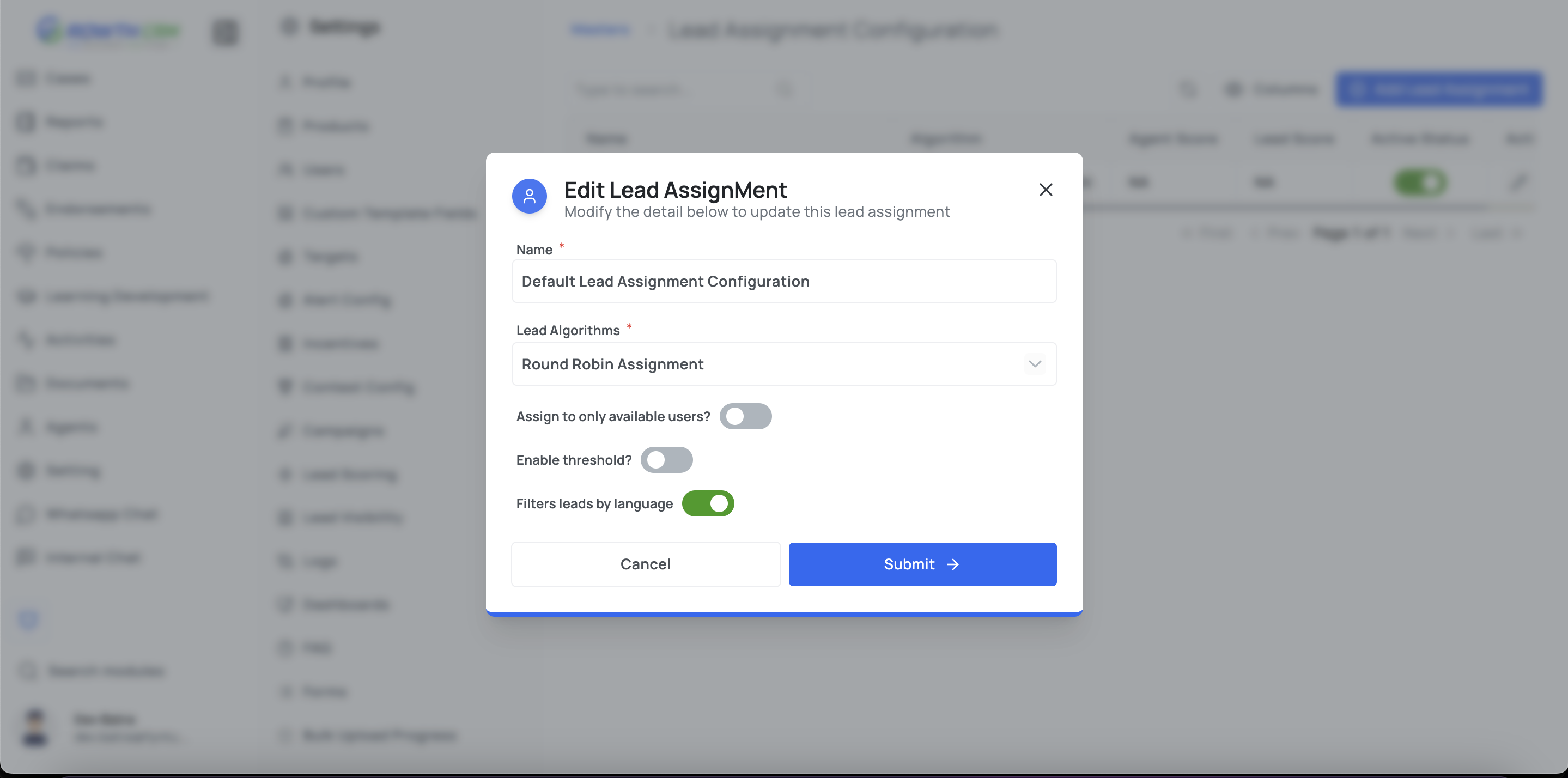 GrowthCRM lead assignment configuration modal