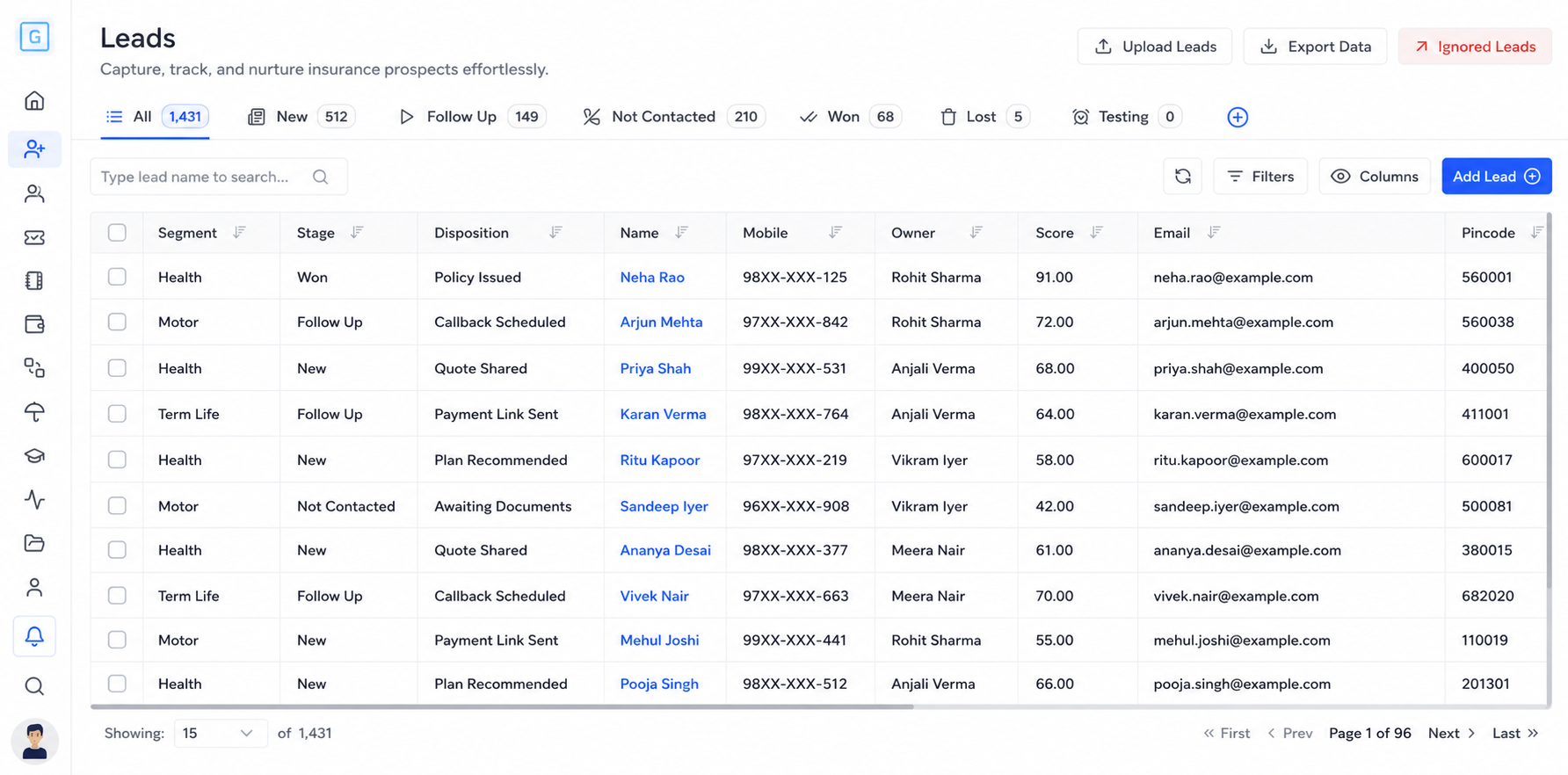 GrowthCRM leads table with stages, owners, scores, and filters